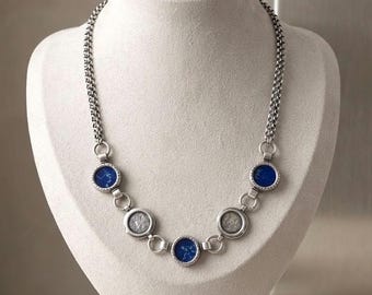 Israel Inlaid Lapis Stone Stunning Sterling Coin Collar Necklace/ Antique Israel Lapis Gem Sterling Circle Coin Oxidized Necklace 925 Silver