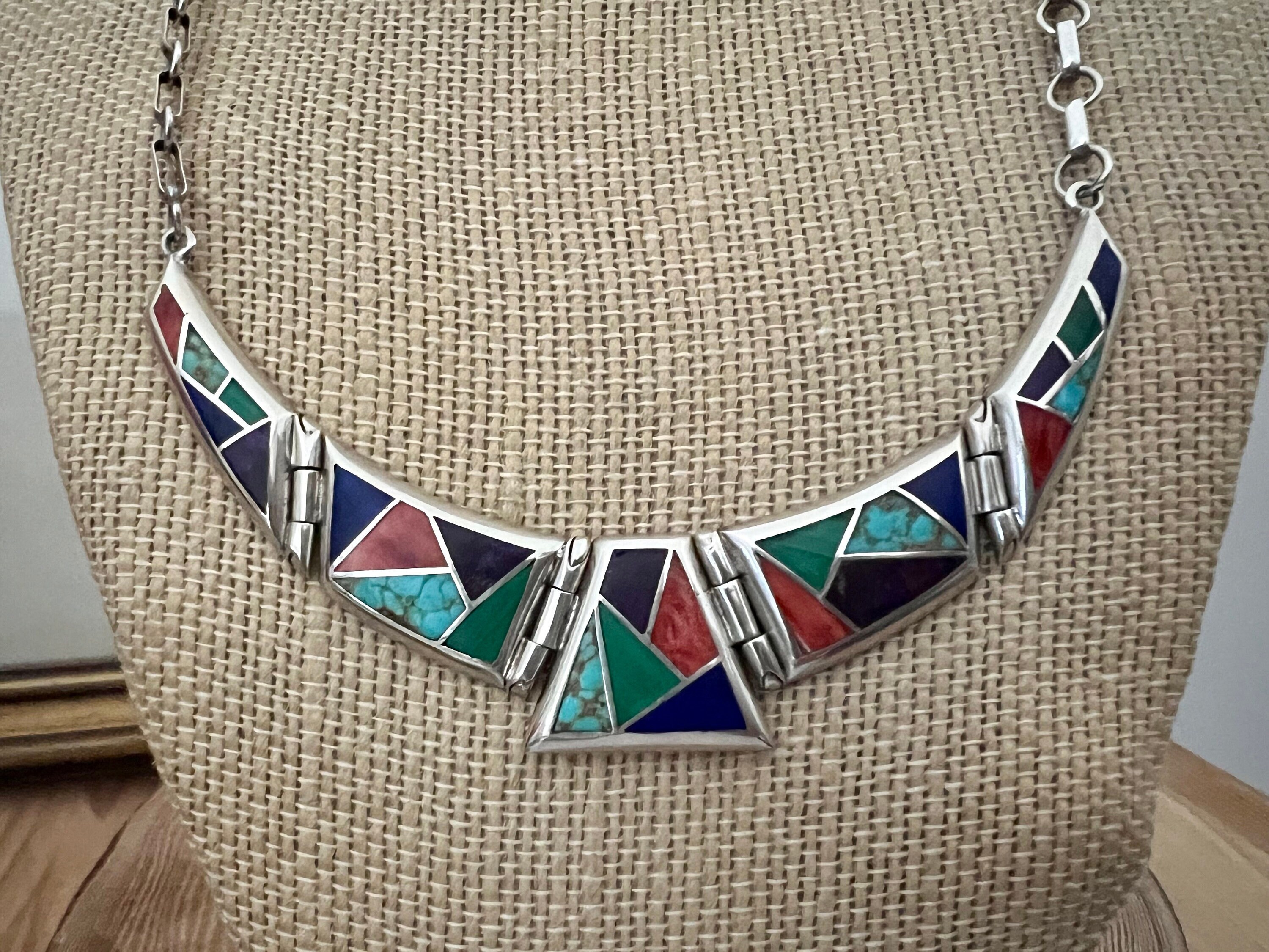 RESERVED Native American Inlay Multi Gemstone Bib Necklace.Teme 925 necklace.Navajo Multi Stone Necklace 925 Navajo 925 Bib Rare Navajo Rare