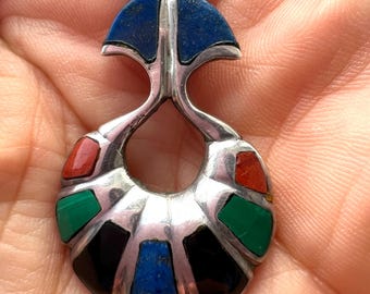 Native American Inlaid Multi Gemstone Pendant / Lapis Lazuli, Coral, Onyx, Malachite Inlaid 925 Navajo 925 Pendant 925 Sterling Silver RARE