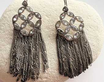 White Stone Snowflake Style Fringe Long Dangling Chandelier Earrings.Silver Tone Fringe Filigree Long Dangling Earrings Chandelier