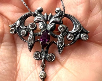 Edwardian Antique Scrolled Amethyst & Sterling Silver 925 Pendant/Necklace Brooch Antique Art Nouveau 925 Amethyst Sterling