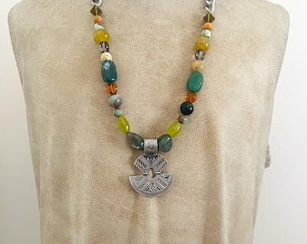Vintage Israeli Sterling Silver Amulet Necklace, Multi Gemstone Beaded Chain