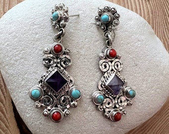 Antique Coral, Amethyst, Turquoise Sterling Silver Scrolled Long Dangler Earrings.Sterling Silver Multi Statement Earrings 925.Turquoise 925