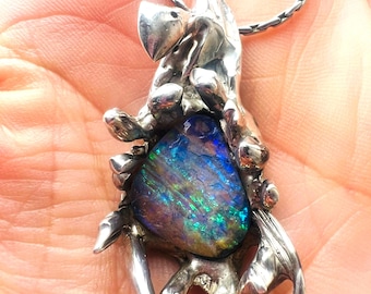 Australian Opal Pendant Necklace Brutalist| Sterling Silver Antique Opal Jewelry | October Birthstone Opal | Ethereal Jewelry | Opal Jewelry