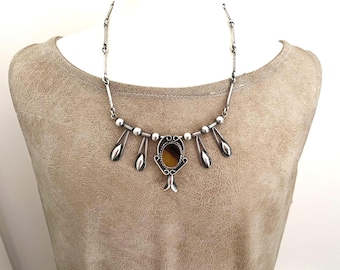 Collar antiguo Navajo de flor de calabaza con ojo de tigre / Plata de ley
