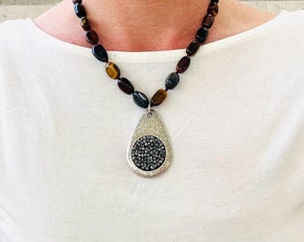 Hammered Silver Druzy Talisman Necklace, Multi Color Tiger Eye