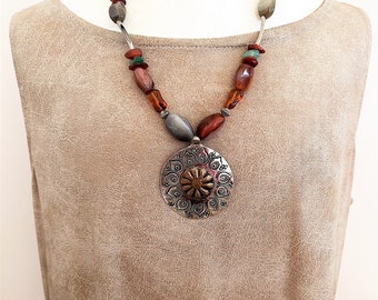 Artisan Amulet Necklace: Sterling Silver, Copper, Agate Beads, Israel Design