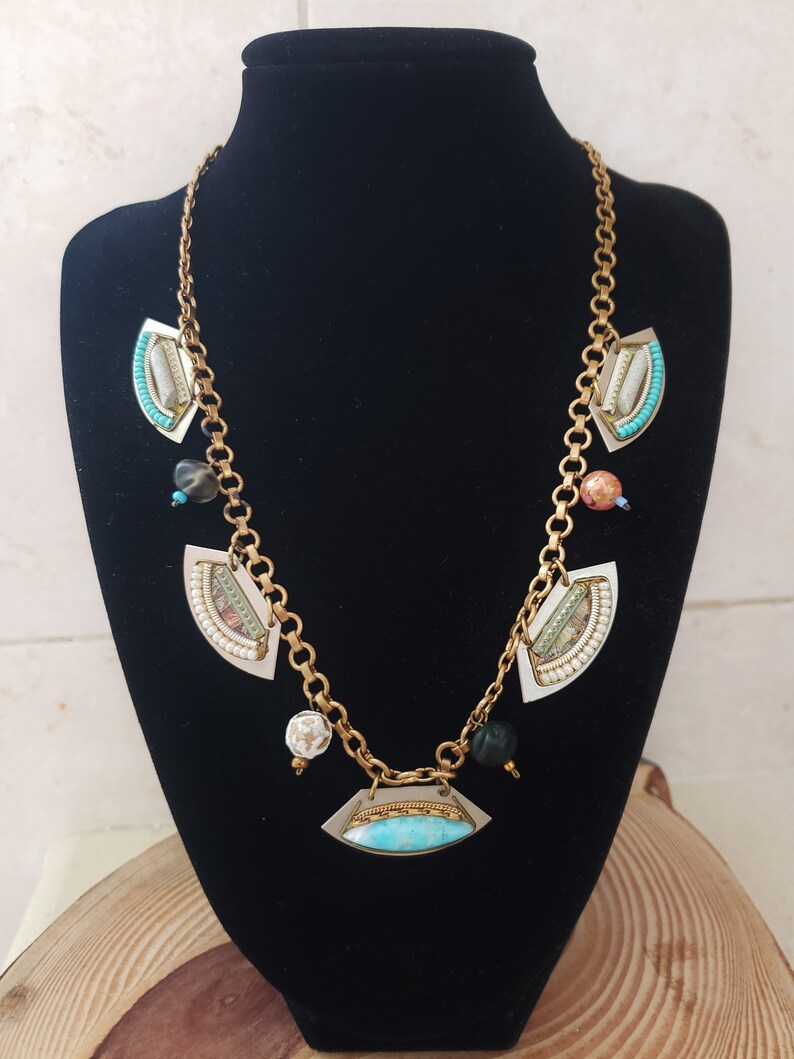 Brass Bronze Beaded Charm Necklace Multi Charm Necklace Turquoise.Summer Bronze Necklace Charm Necklace Brass Vintage