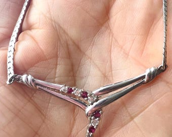 Ruby Sterling Silver 925 White Sapphire Diamante V Style Necklace. Ruby Sterling Silver Necklace.Topaz Sterling Silver Italy Ruby necklace