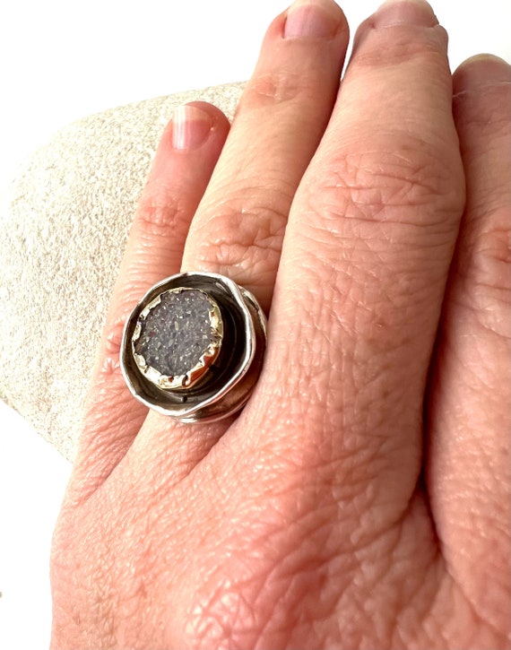White Druzy and Synthetic Turquoise Ring 14k Yellow Gold-plated Sterling Silver White Druzy and Synthetic Turquoise Ring 14k Yellow Gold-plated Sterling Silver