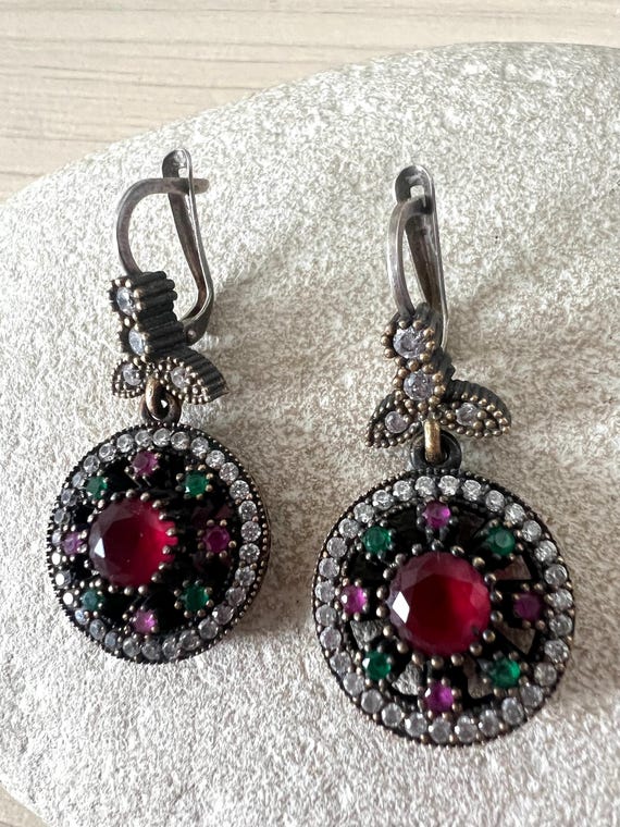 Ruby Emerald  Topaz Dangle Earrings | Sterling Si… - image 2