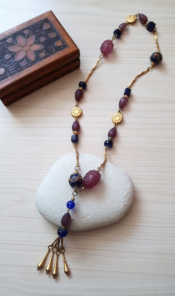 Antique Murano Glass Beaded Gold Filled Coin Style Stunning Rare Tassel Necklace. Murano Glass Beaded Long Tassel Necklace. Antique Murano