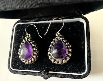 Amethyst Sterling Silver 925 Drop Pear Shape Cabochon Earrings.Sterling Silver 925 Amethyst Earrings. Dangling Amethyst 925 Earrings Holiday