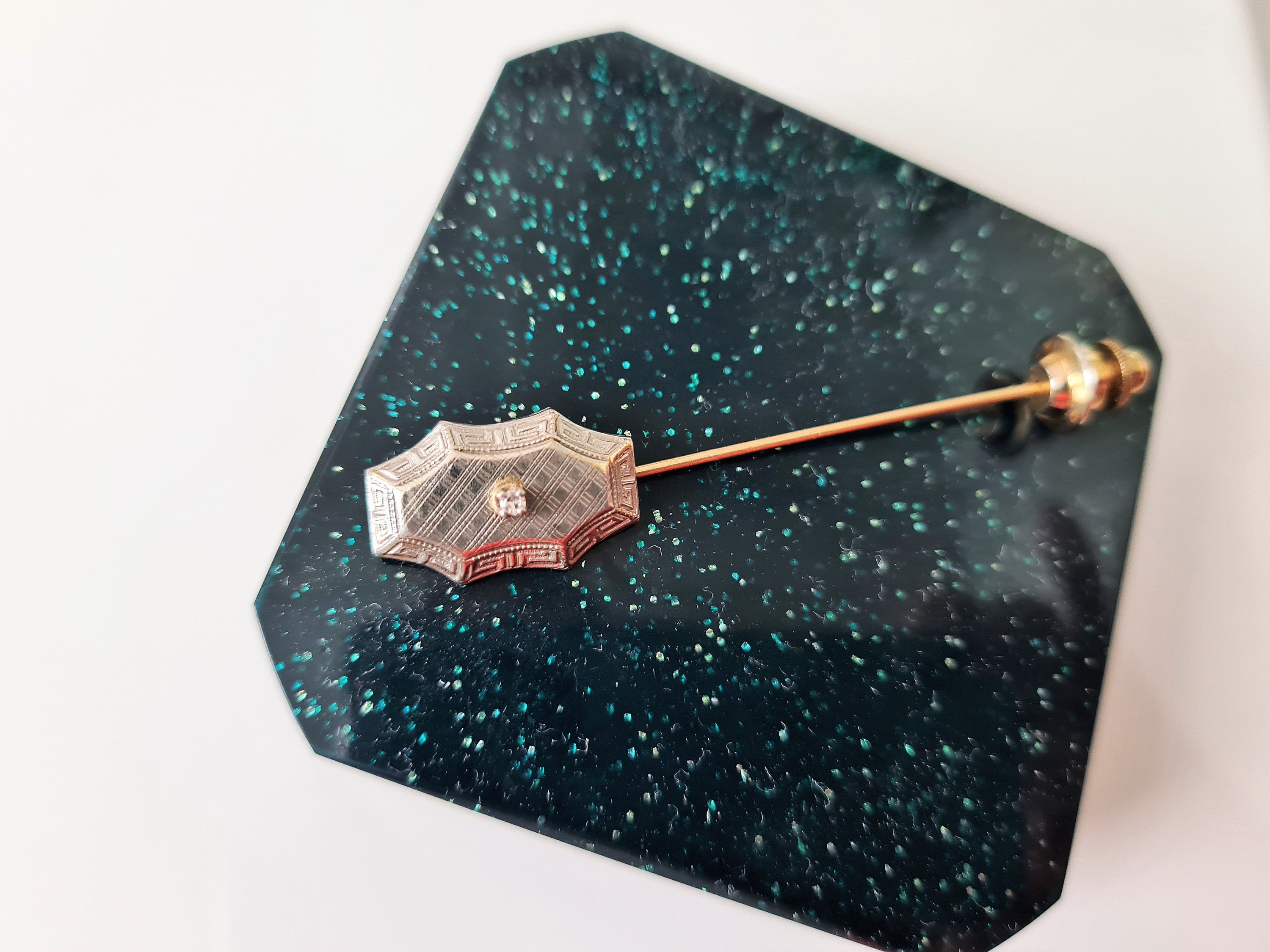 Antique Art Deco 14k Gold Stick Pin Lapel Pin White Gold Shield With ...
