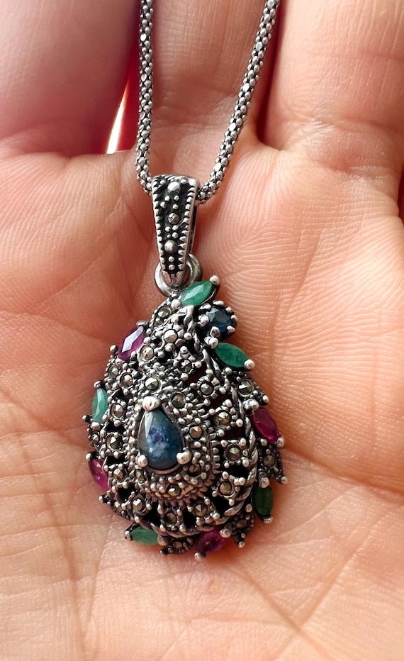 Antique Multi Gemstone Stunning Ruby Emerald Sapp… - image 2