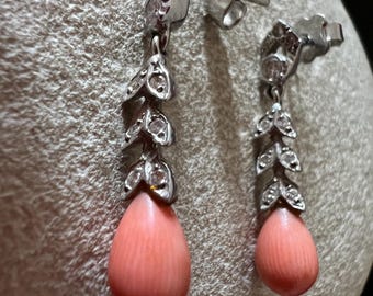 Antique 14K White Gold Coral & Diamond Drop Earrings | European Vintage Fine Jewelry | Art Deco Dangle Earring | Glamrox Heirloom Collection