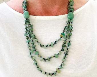 Collar babero vintage de aventurina verde - Estilo bohemio artesanal israelí