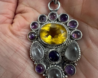 Unique OOAK Sterling Silver High Quality Cut Citrine Gemstone Pendant & Amethyst Pendant Necklace. Citrine Sterling Silver 925 Beautiful