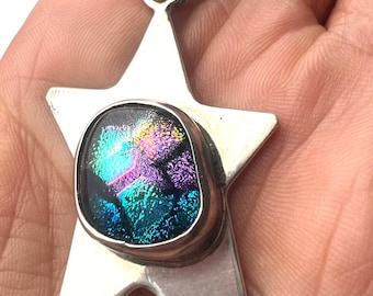 Mexico STAR Artisan Dichroic Glass Multi Colored Boho & Sterling Silver Large 925 Pendant. Necklace. Rainbow Dichroic Glass Mexico 925 Star