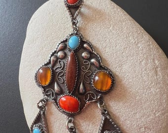 Mid Century Sterling Silver Pendant Necklace: Coral, Turquoise, Sandstone, Israel