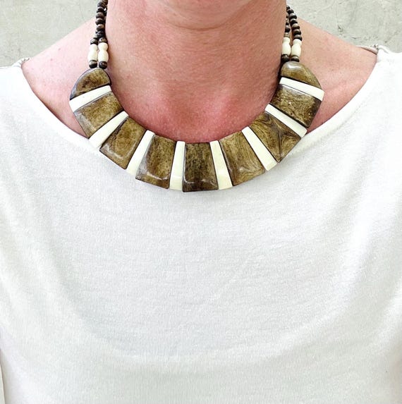 Boho Wood Multi Strand Tribal Necklace Bib. Statement Necklace Bib. Multi Strand Bib Necklace Wood Carved. Cleopatra Style Wood Necklace