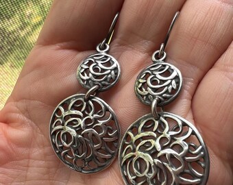 Coin Design Sterling Silver Etched Israel Artisan Dangle Drop Earrings Long Back / Scroll Style Coin Design Circle Silver 925 Earrings
