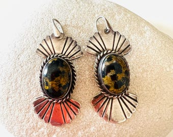 Antique Jasper Sterling Silver Fan Earrings, Native American Style