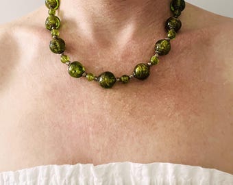 Antique Murano Glass Beaded Necklace, Chartreuse Italian Venetian Style