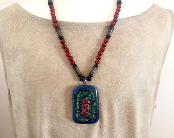 Bezalel Glass Pendant Necklace, Carnelian Beads, Sterling Silver, Israeli Artisan Jewelry