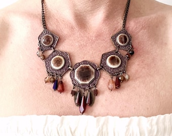 Vintage Enamel Bib Necklace, Czech Glass Gemstone Fringe, Victorian Style