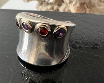 Garnet Amethyst 14k Yellow Gold & Sterling Silver 925 Israel Artisan Ring. Israel Yellow Gold 925 Garnet Amethyst Ring. Modernist 925 14k