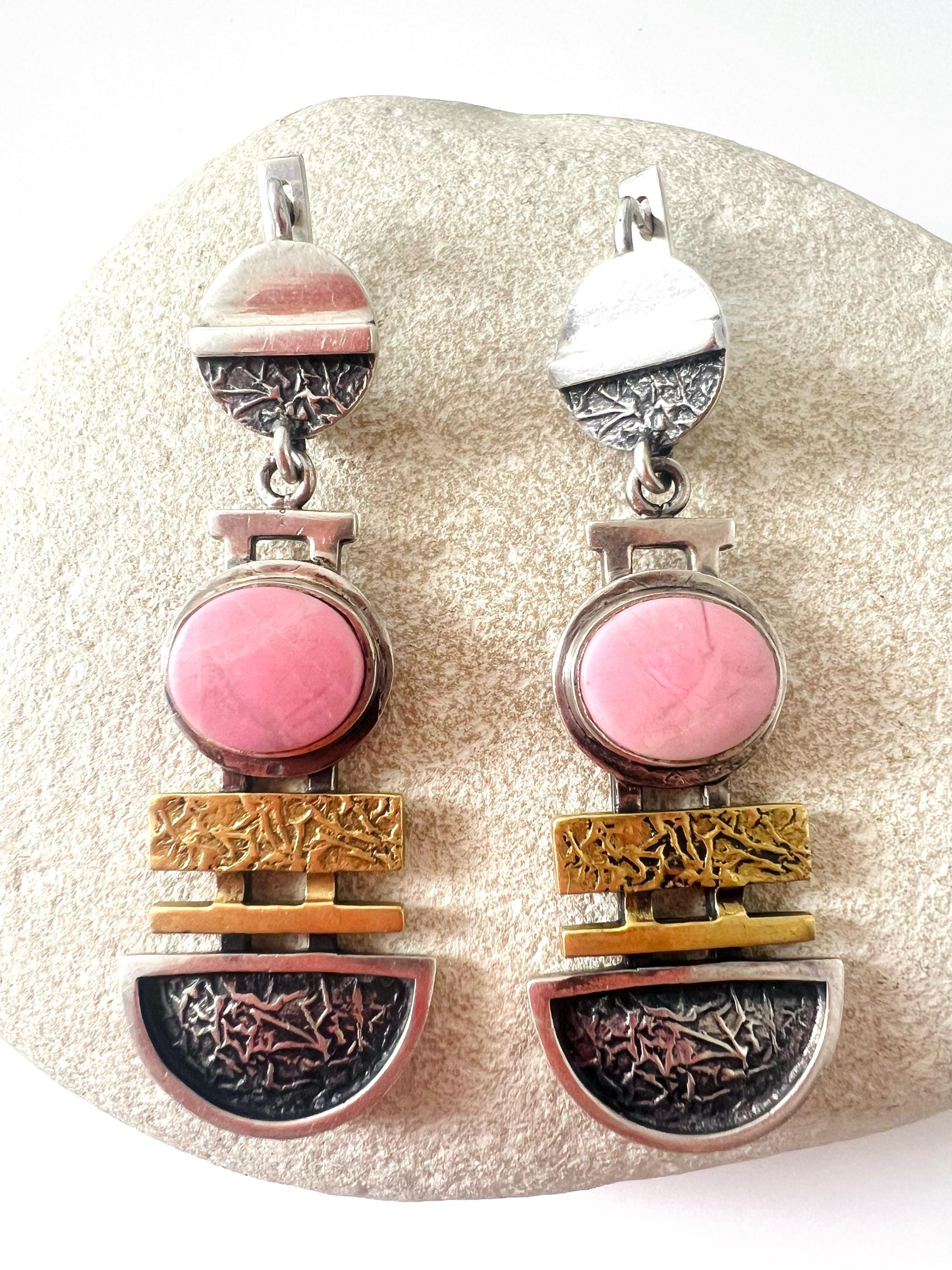 Pink Jasper Sterling Silver 925 Brass Israel Artisan Long Vintage Earrings. Brutalist Israel Artisan Earrings. Pink Jasper Oxidized 925 Pink