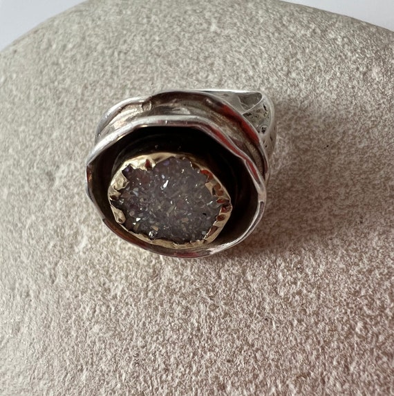 Israel Artisan Druzy Ring in 14k Gold & Sterling … - image 7