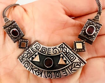 Vintage Israeli Garnet Pendant Necklace | 14K Gold & Sterling Silver Collar