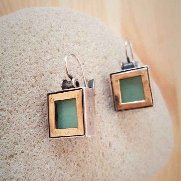 Just in New Listing Sale...Stunning Artisan 14K Gold Sterling Silver Green Aventurine Dangle Snap Back Lock Earrings. Israel Earring. Jade