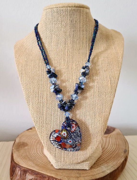 Multi Gemstone and Murano Glass Silver Beaded Heart Pendant