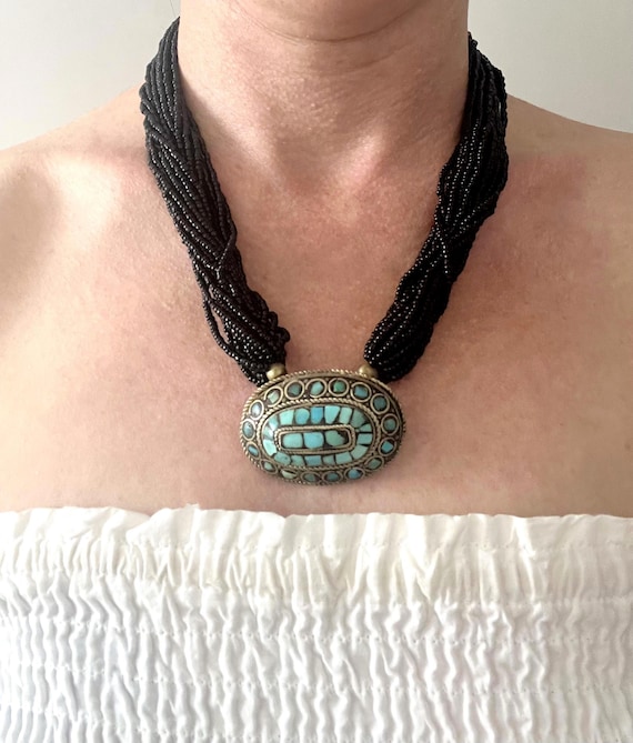 Antique Jerusalem Necklace | Inlaid Turquoise Brass Jewelry | Jerusalem Necklace Antique | Antique Turquoise Inlaid Amulet Necklace Israel