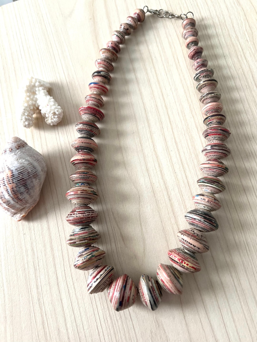 Graduating Paper Mache Beaded Necklace.bohemian Necklace Neutral Tone