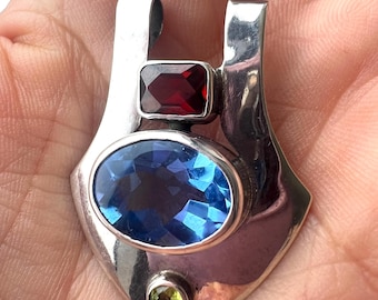 Ocean Blue Topaz Peridot & Garnet Stone Sterling Silver 925 Pendant.Multi Gem 925 Pendant Artisan OOAK Contemporary Pendant 925 Sterling 925