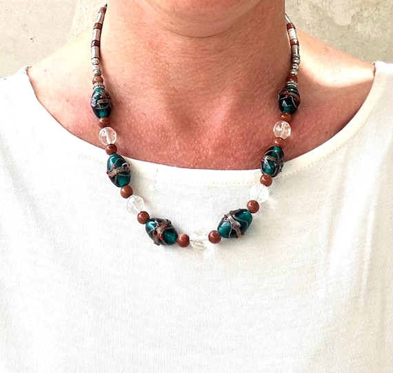 Murano Glass Teal Blue Glass and Sandstone Amazing Boho Necklace. Murano Glass Bib Style Beaded Necklace Bib. Murano Bib Murano Glass Bib