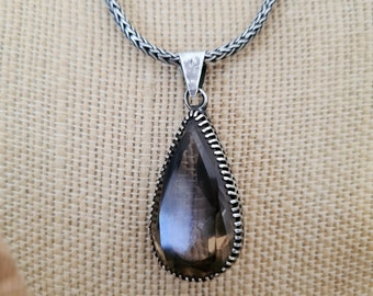 Mid Century Smokey Topaz Pendant, Pear Drop Sterling Silver Artisan Jewelry