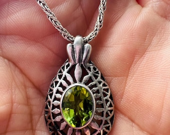 Vintage Peridot Sterling Silver Pendant, Pear Drop Design