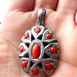 Coral Sterling Silver Antique Israel Pendant Necklace.Antique Coral Sterling Silver Amulet Pendant Brooch.Antique Coral Sterling Pendant