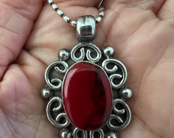 Red Jasper Mexico Scrolled Sterling Silver Pendant / Jasper Mexican Jewelry 925 Sterling Silver Floral Antique / Jasper Red Stone Pendant