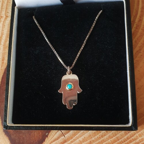 14k Gold Sterling 925 Turquoise Design Hamsa. Protective Amulet Talisman 925 14k Gold. shops Israel Hamsa Sterling 925 14k. Persian Turquoise 925