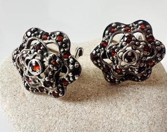 Bohemian Garnet Post Earrings | Bohemian Garnet Jewelry | Garnet and Sterling Silver | January Birthstone Gift | Glamrox Modernist Floral