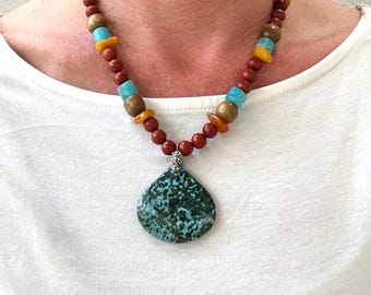 Turquoise Jasper Pendant Necklace, Wood Accent Beads, Southwest Style