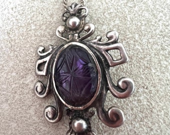 RARE Mexico Artisan Amethyst Sterling Amulet Carved Antique. Purple Amethyst Sterling Silver Mexico Antique Amulet Necklace Sterling Silver