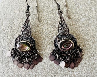 Antique Sterling Yemenite Israel Jewelry Israel Oxidized Filigree Abalone Drop Long Dangle Earrings  Sterling Yemenite Israeli Dangles