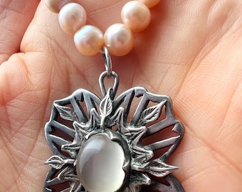 Moonstone Antique Early Century Sterling Silver 925 Moonstone Cabochon Floral Detail Pendant.European Early Century Flower Moonstone Pendant